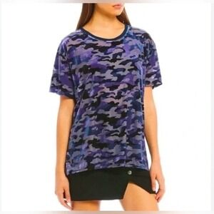 We the Free People Velvet Burnout Camo Teddy Tee Shirt MEDIUM Top Blue Boho